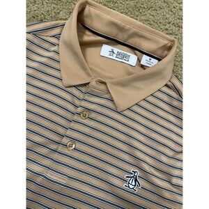 Original Penguin Striped Polo Shirt Men Medium Tan Blue Golf Casual Short Sleeve
